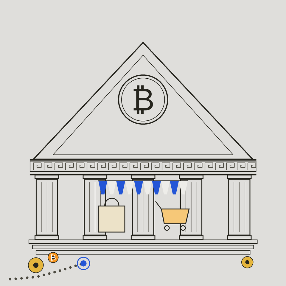 A Greek agora temple shopfront: a meander frieze and columns, a large bitcoin coin set in its pediment, a striped awning over a shopping bag and cart, small coins as trade, and a dotted path tracing an agent arriving at the steps